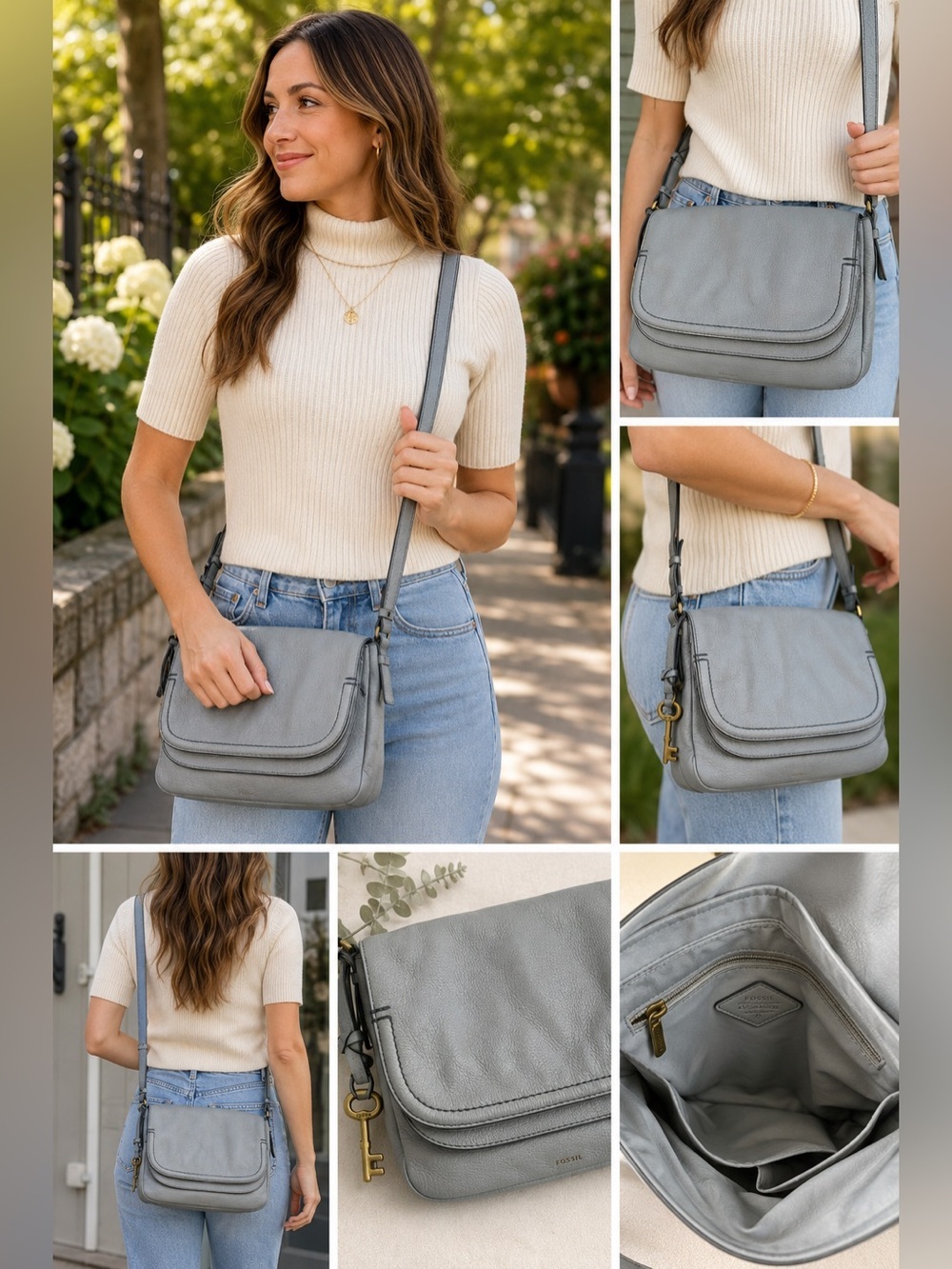 Fossil Peyton Double Flap Gray Leather Crossbody Shoulder Signature Key Charm